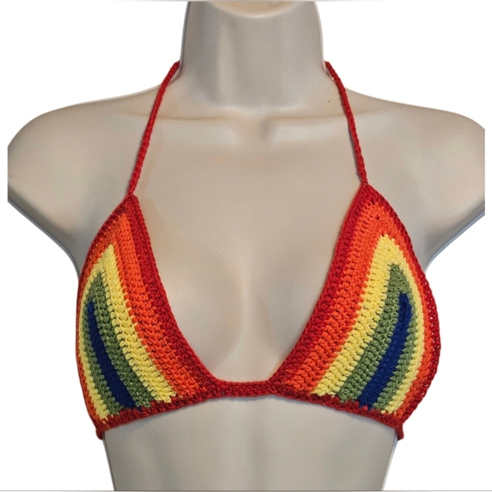 Handmade Crochet Crop-Top Rainbow Colors Deep V Swimming Cover-up top Colorful - Picture 16 of 17
